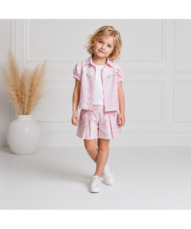 Lace Puff-Sleeve Shirt & Pleated Shorts Set