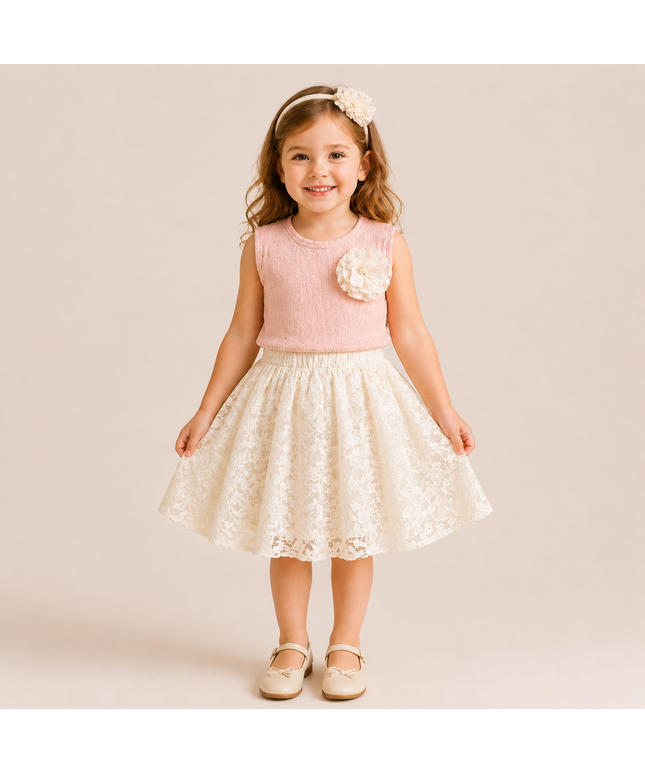 Girls’ Lace Skirt & Floral Top Set – 2 Pieces
