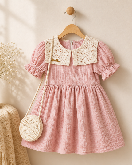 Girls Floral Ruffle Sleeve Dress with Crochet Bag Set