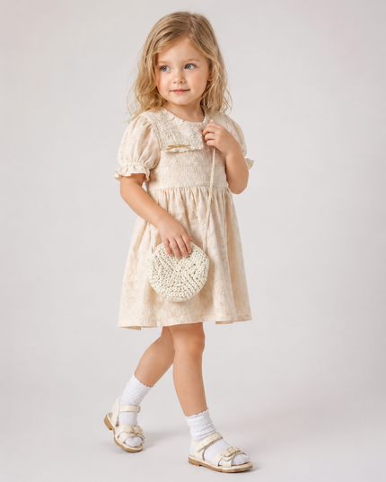 Girls Floral Ruffle Sleeve Dress with Crochet Bag Set