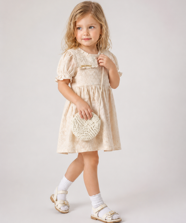 Girls Floral Ruffle Sleeve Dress with Crochet Bag Set