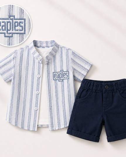 Boys 3-Piece Summer Set — Striped Shirt, Graphic Tee & Shorts