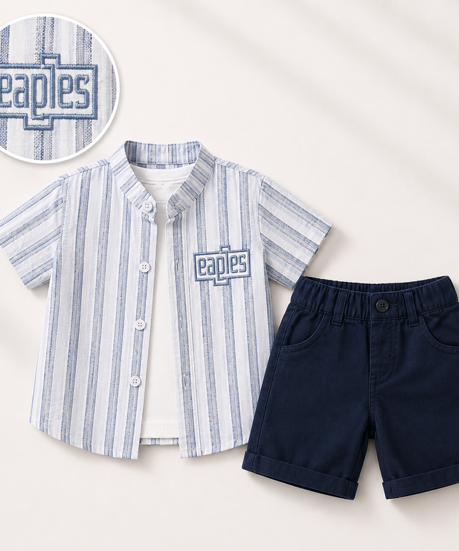 Boys 3-Piece Summer Set — Striped Shirt, Graphic Tee & Shorts