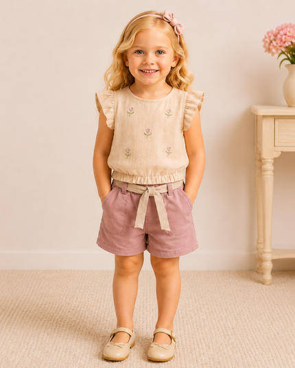 Girls’ Embroidered Top & Shorts Set – 2 Pieces