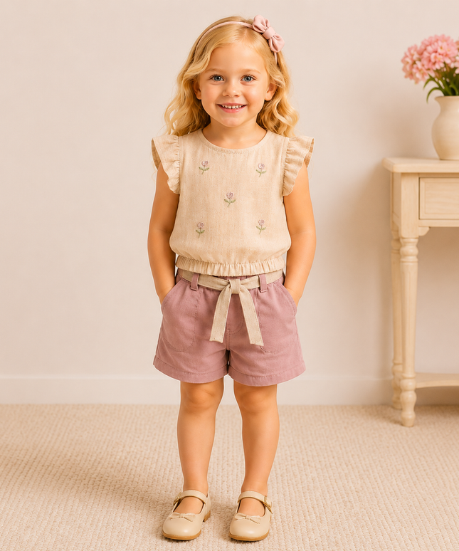 Girls’ Embroidered Top & Shorts Set – 2 Pieces