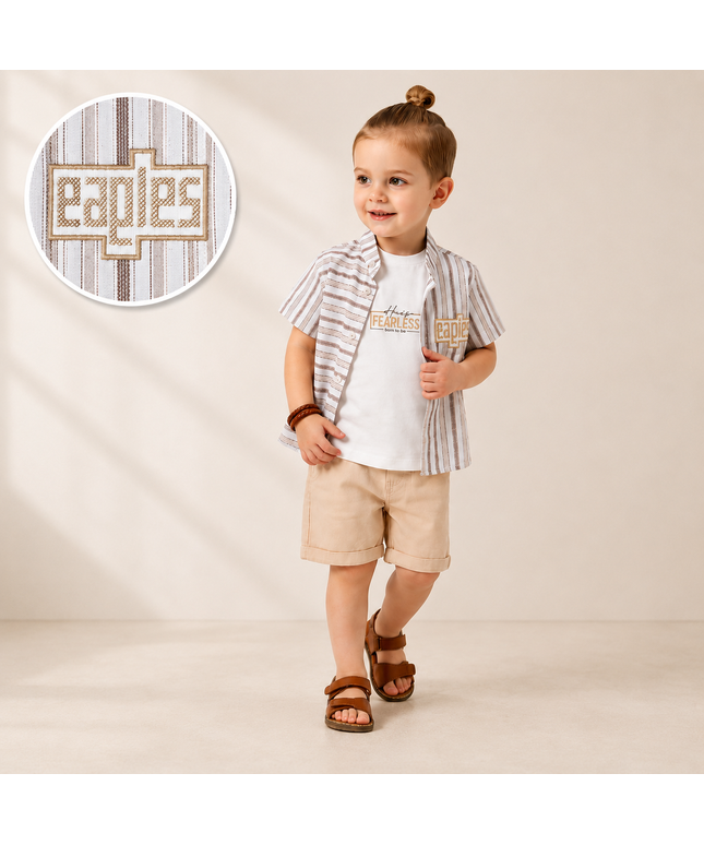 Boys 3-Piece Summer Set — Striped Shirt, Graphic Tee & Shorts