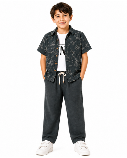 Boys 3-Piece Set — Dark Floral Print Shirt, White Tee & Drawstring Pants — Charcoal