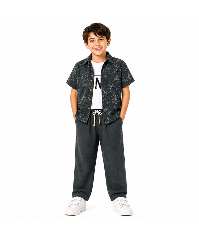 Boys 3-Piece Set — Dark Floral Print Shirt, White Tee & Drawstring Pants — Charcoal