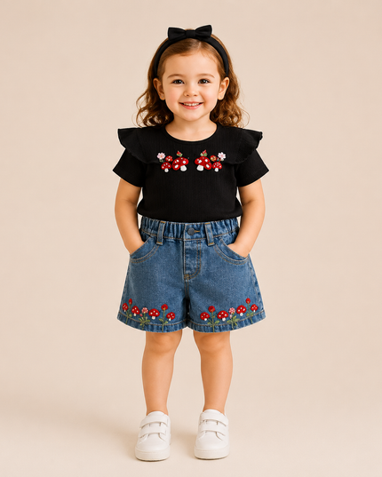Girls Embroidered Top & Denim Shorts Set – 2 Pieces