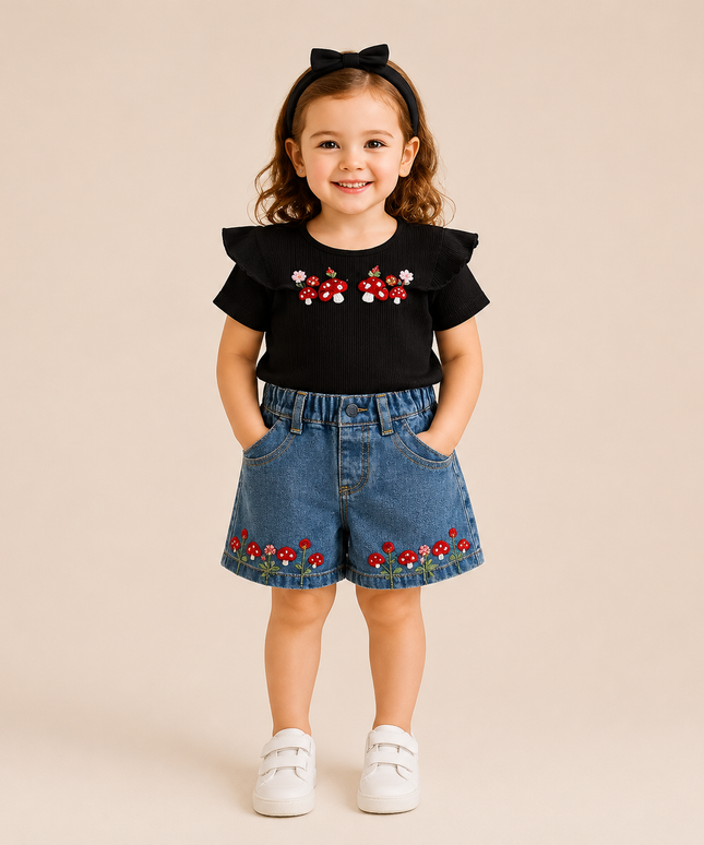 Girls Embroidered Top & Denim Shorts Set – 2 Pieces