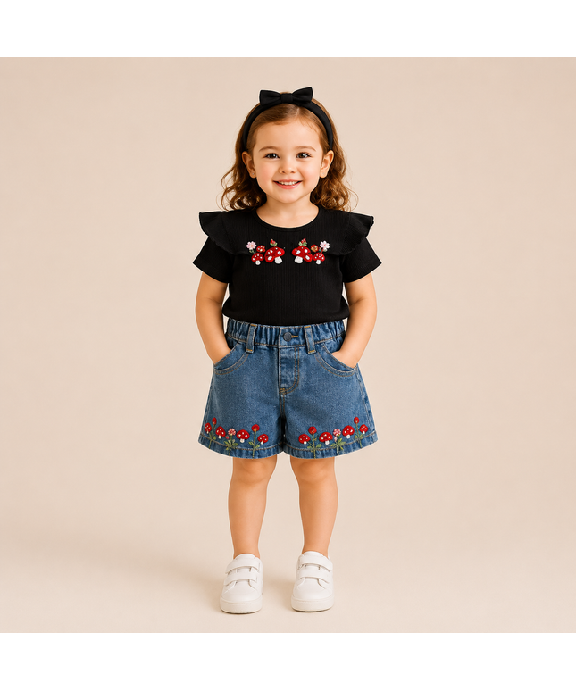 Girls Embroidered Top & Denim Shorts Set – 2 Pieces
