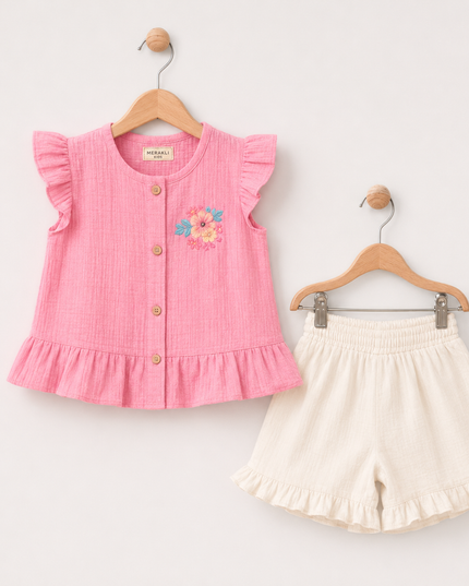 2-Piece Girls Set - Floral Ruffle Top & Shorts