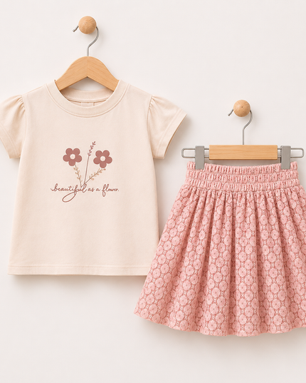 2-Piece Girls Set - "Beautiful as a Flower" Tee & Lace Skirt