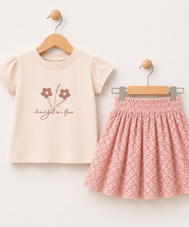 2-Piece Girls Set - "Beautiful as a Flower" Tee & Lace Skirt