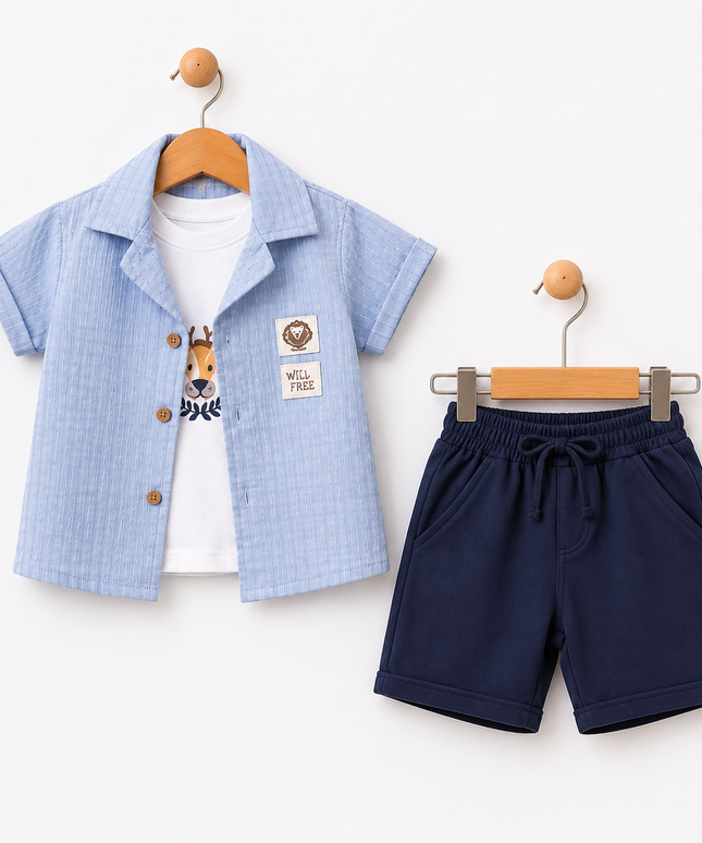 3-Piece Baby Boy Set - "Wild Free" Shirt, Tee & Shorts