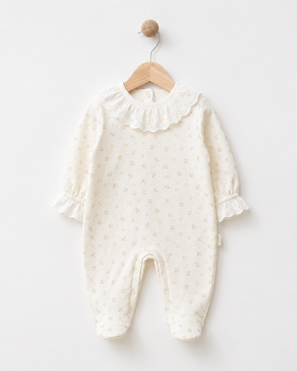 Baby Girl Floral Romper - Lace Collar Cream