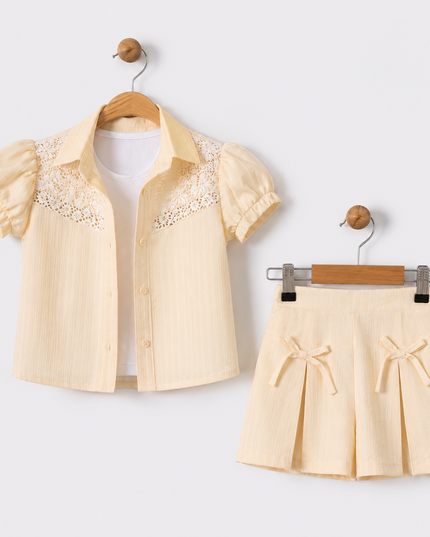Lace Puff-Sleeve Shirt & Pleated Shorts Set
