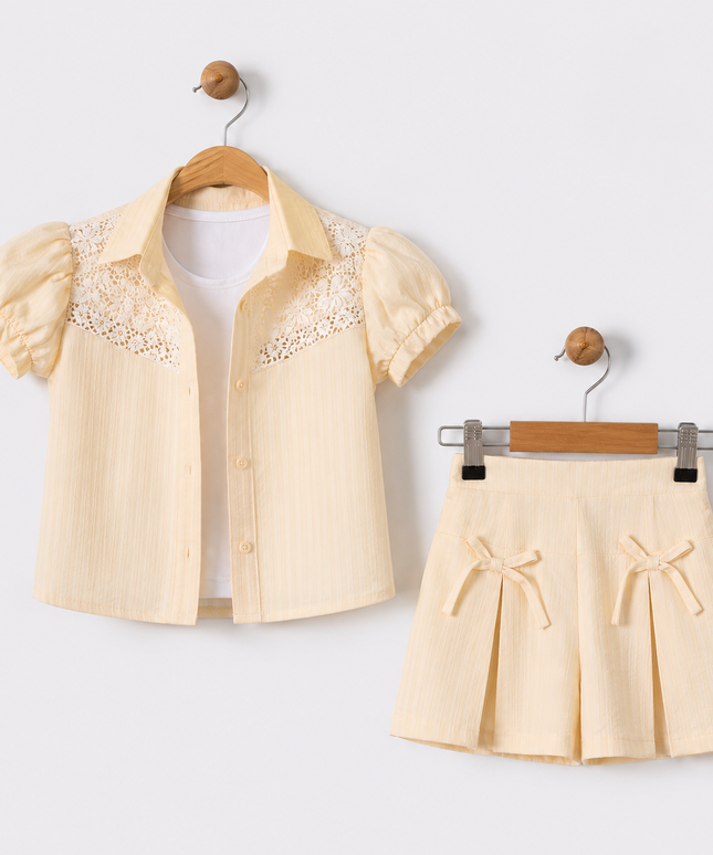 Lace Puff-Sleeve Shirt & Pleated Shorts Set