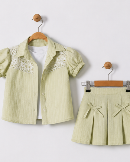 Lace Puff-Sleeve Shirt & Pleated Shorts Set