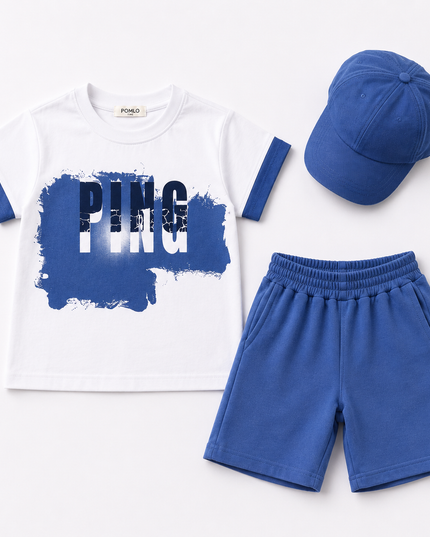 3-Piece Boys Set - "PING" Graphic Tee, Shorts & Cap