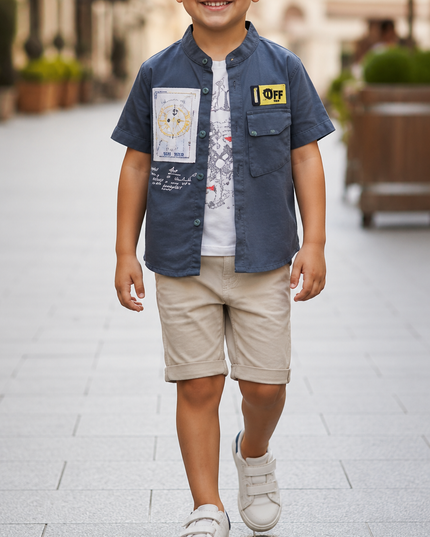 3-Piece Boys Set - Compass Shirt, Tee & Shorts