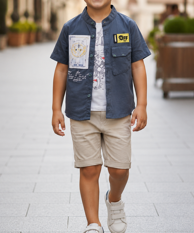 3-Piece Boys Set - Compass Shirt, Tee & Shorts