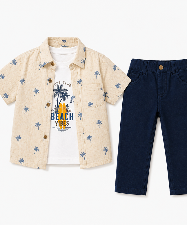 Boys 3-Piece Summer Set — Palm Tree Shirt, Graphic Tee & Pants