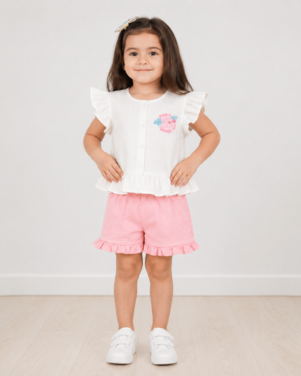 2-Piece Girls Set - Floral Ruffle Top & Shorts