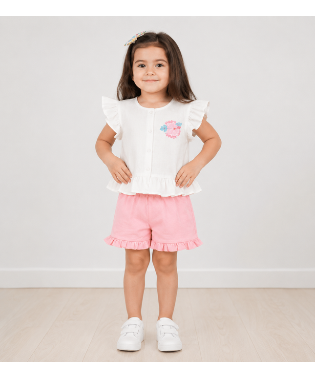 2-Piece Girls Set - Floral Ruffle Top & Shorts