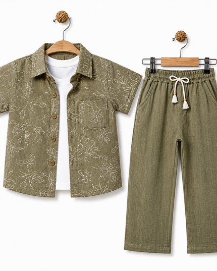 Boys 3-Piece Set — Dark Floral Print Shirt, White Tee & Drawstring Pants — Charcoal