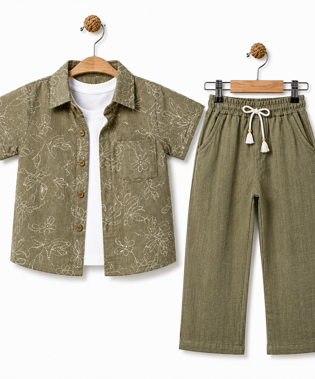 Boys 3-Piece Set — Dark Floral Print Shirt, White Tee & Drawstring Pants — Charcoal
