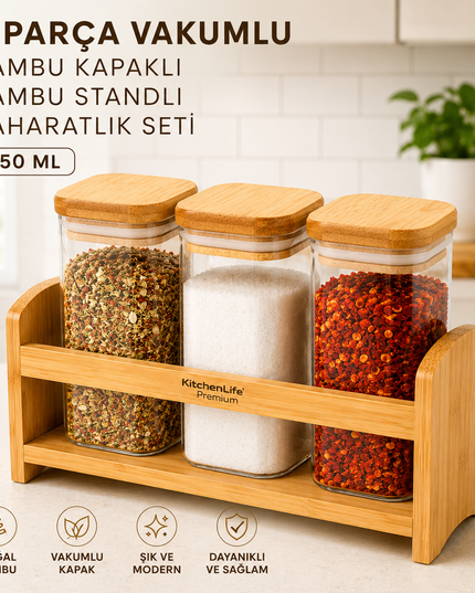 4-Piece Bamboo Spice Jar Set with Wooden Stand – 350 ml
