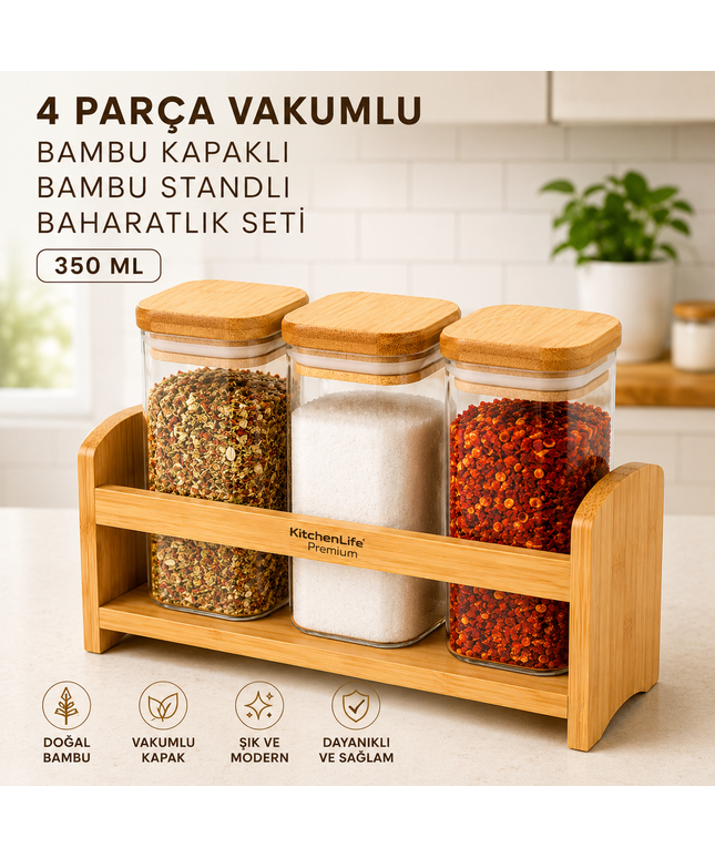4-Piece Bamboo Spice Jar Set with Wooden Stand – 350 ml