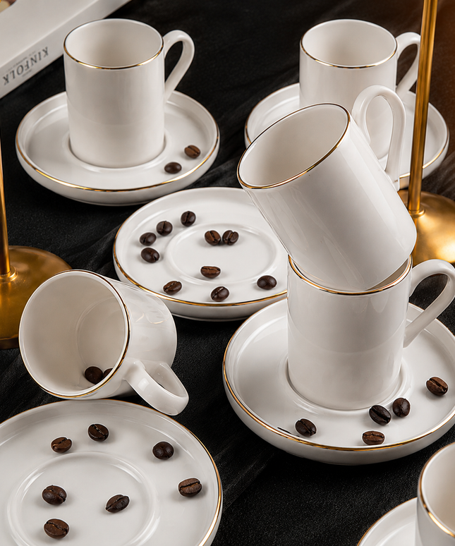 12-Piece Gold-Rim Coffee Cup Set for 6 Persons